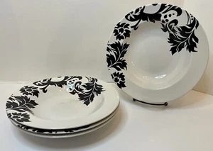222 Fifth Damast schwarz & weiß Suppenschalen (4) echtes Steinzeug 9,25 Zoll EUC N2 - Bild 1 von 7