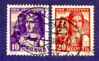Suiza SC# B66-B67 1933 - Papel granito - Niñas de Berna y Tesino - Usado Foto 1 de 2