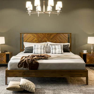 Ethan Solid Wood King Bed Frame with Diamond Headboard - Rustic & Mid-Century Mo - Image 1 of 4