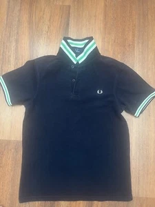 Mens Fred Perry Navy White Green Striped Collar Polo Shirt Size S Pit To Pit 18” - Picture 1 of 6