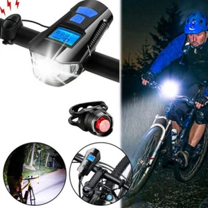LED Cycle Headlight Bicycle USB Front Light with Bike Speedometer Odometer Horn - Picture 1 of 16
