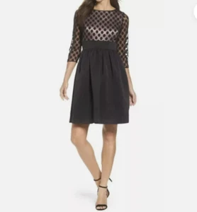 Eliza J. Womens Polka Sheer Long Sleeve Cocktail Mini Dress Lined Black 4 - Picture 1 of 7