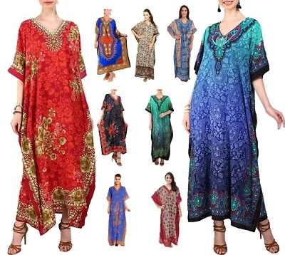 Women's Boho Maxi Kaftan Dress Plus Size 3X Mumu Caftan Tunic Nightgown - Image 1 of 4