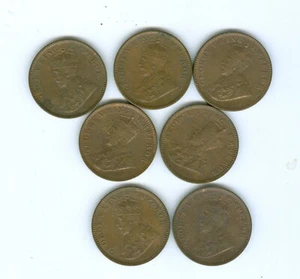 SEVEN INDIA 1935 C ONE QUARTER ANNA COINS IN AU/BROWN UNCIRULATED CONDITION - Picture 1 of 2