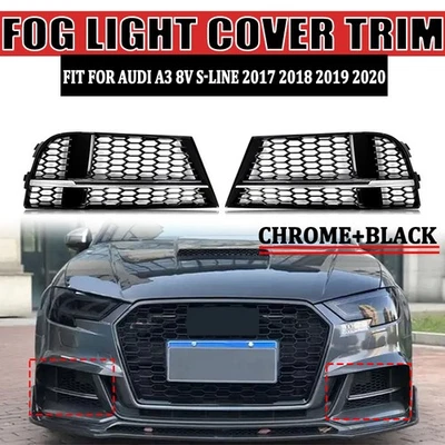 CHROME+BLACK For Audi A3 S Line 2017-2019 Honeycomb Fog Light Grill Grille Cover - Imagem 1 de 4