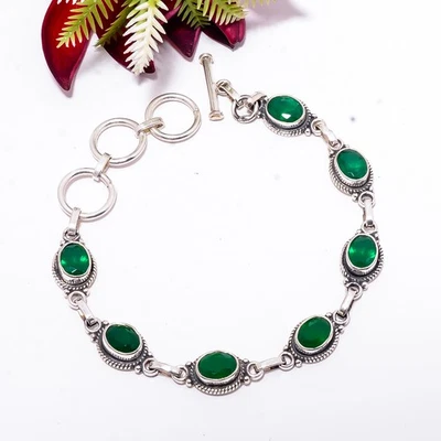 Brazalete ajustable esmeralda (simulada) enchapado en plata 925 maciza 8,99" B83464 Foto 1 de 3