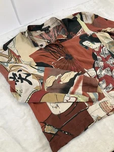 CITRON SANTA MONICA Asian Print Women's Top Snap Shirt Large Silk Linen 90’s Art - Picture 1 of 9