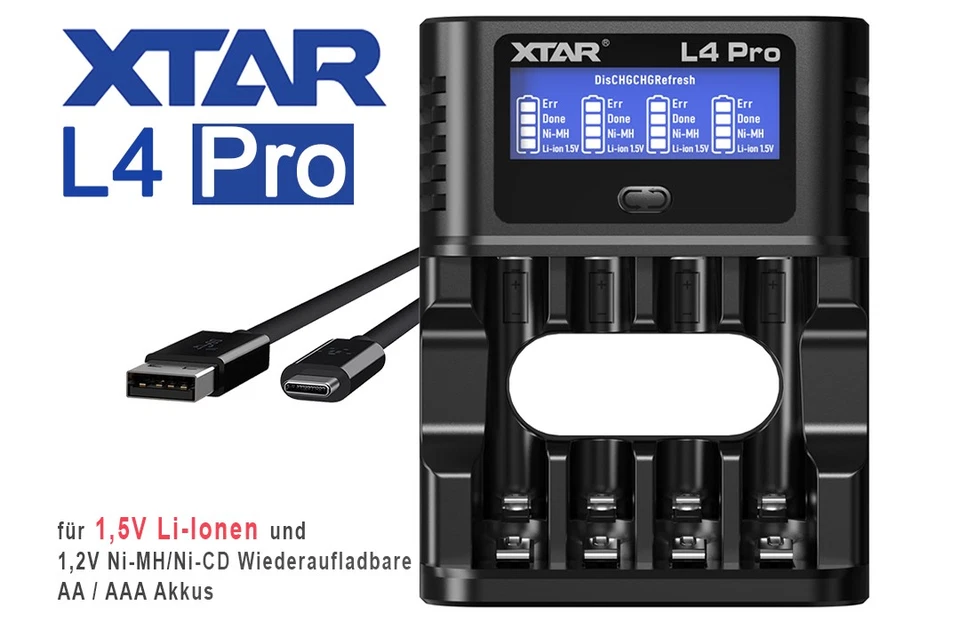 XTAR L4 Pro – Akku-Ladegerät mit LCD, Refresh & Discharge für Li-Ion/NiMH AA/AAA - Bild 1 von 1