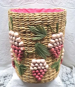Vintage Floral Fruit Grapes Hand Woven Raffia Waste Basket Pink Vinyl Liner - Picture 1 of 12
