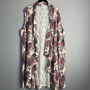 Cato Woman Paisley Print Open Front Sleeveless Lace Back Cardigan Plus Sz 18/20 - Picture 1 of 9