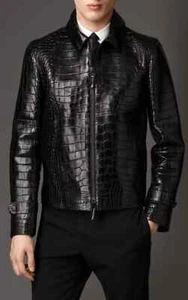 Chaqueta de motociclista de cuero de cordero negra con estampado de cocodrilo para hombre motocicleta invierno hecha a mano - Imagen 1 de 9