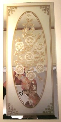 Curio Mirror Glass 17-1/2" Decorated Floral Etched Gilt Flowers Not Framed 1 MCM - Image 1 of 4