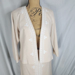 KASPER Sportswear Size 8 Beige 2pc Skirt Suit Embroidered Linen Blend Open Front - Picture 1 of 13