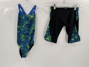 TYR Girls' Standard Nebulous Diamondfit Swimsuit Size 22 Shorts 26 Blue/Green EC - Picture 1 of 13