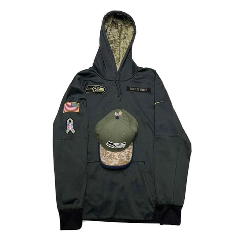 Nike Seattle Seahawks Hoodie Sweatshirt Mens M Military Salute To Service + Hat Cover