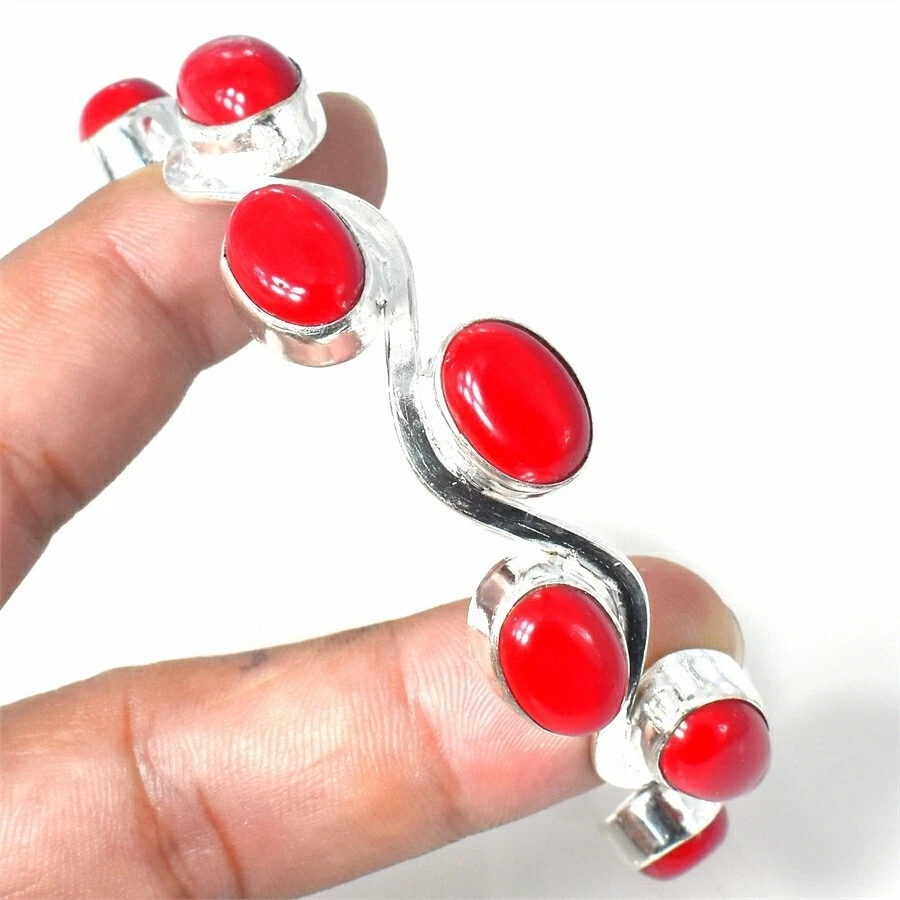 Brazalete ajustable de plata de ley 925 con piedras preciosas de coral rojo Foto 1 de 1