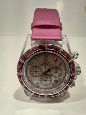 Relógio raro ToyWatch marca cronógrafo baguete mostrador branco pulseira de cetim rosa - Imagem 1 de 4