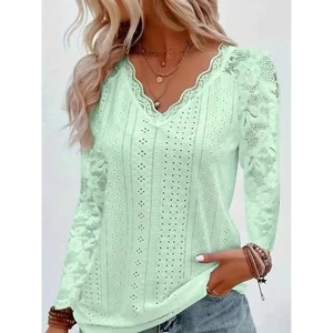 Contrast Lace V-neck Eyelet T-Shirt, Elegant Long Sleeve for Spring & Fall M NEW - Picture 1 of 7