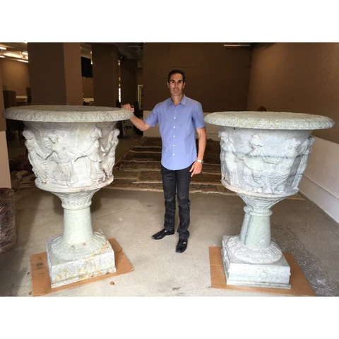 Pair of Palace Size Early to Mid 20th Century Italian Carved Marble Urns Cover