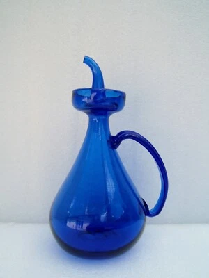 Art populaire ancienne bouteille Burette à huile en verre soufflé bleu cobalt - Photo 1/4