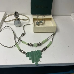 Vintage Sterling silver JADE green stones choker pierced earrings & bracelet - Picture 1 of 9