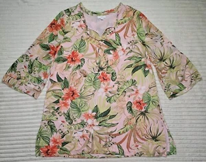 J Jill Tunic Top Womens MEDIUM Pink Green Floral Bell Sleeve Shear Blouse Lined - Picture 1 of 10