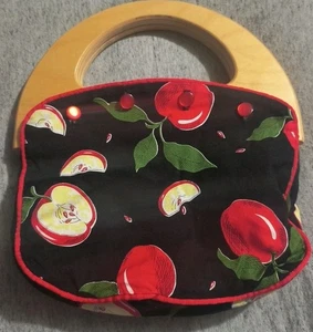 Borsa vintage lino manici legno bottoni rossi lavabile made in USA - Foto 1 di 11