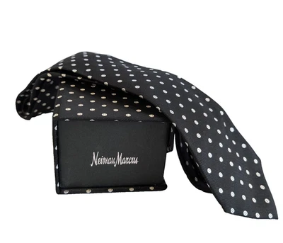 Neiman Marcus Silk Necktie Black White Polka Dot Foto 1 de 4