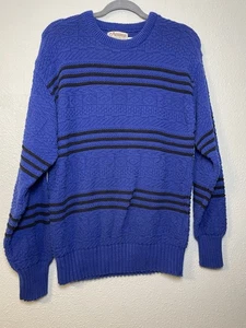 Vintage 80s Amana Woolen Mills Saleroom Blue Striped Wool Sweater Medium - Picture 1 of 6