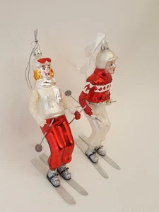 Vintage glass Christmas ornaments woman man downhill skiiing skiiers - Picture 1 of 14