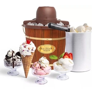Nostalgia Electric 4-Quart Wood Bucket Ice Cream Frozen Yogurt Gelato Maker *NEW - Picture 1 of 6