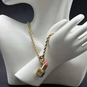 Juicy Couture Lipstick Pendant Necklace Pink Rhinestones Gloss Charm 19’’ Rope - Picture 1 of 14