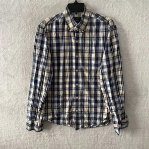 J Crew Flex Washed Mens Button Shirt Yellow Blue Check Medium Cotton Slim Collar - Picture 1 of 8