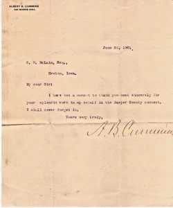 1901 Iowa Governor A. B. Cummins Personal Office Briefkopf handsigniert - Bild 1 von 1