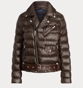 Polo Ralph Lauren Women's Moto Puffer Leather Down Filled Coat Sz S Sample Brown - Picture 1 of 12