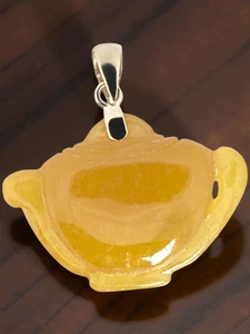 ESTATE SOLID 14K YELLOW GOLD CARVED YELLOW JADE TEA POT PENDANT #8010 - Picture 1 of 4