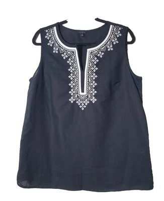 Talbots Womens 12 Linen Top Embroidered Black & White Sleeveless  - Image 1 of 4