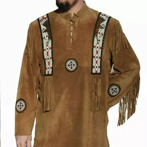 Men Western Fringe Suede Leather Jacket | Beaded Cowboy Coat | Native American - Picture 1 of 4
