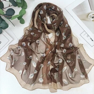 Lady Fashion Brown Silky Feel Scarf w/Taupe Florals/Trims. Size 20" x 64" - Picture 1 of 2
