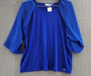Calvin Klein 3/4 Chiffon Sleeve Blouse Women's XL Blue Solid Crew Neck Pullover - Picture 1 of 15