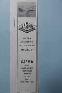 2/1974 PUB SARMA SAINT VALLIER SUR RHONE AVIATION MIRAGE F1 ORIGINAL FRENCH AD - Imagen 1 de 1