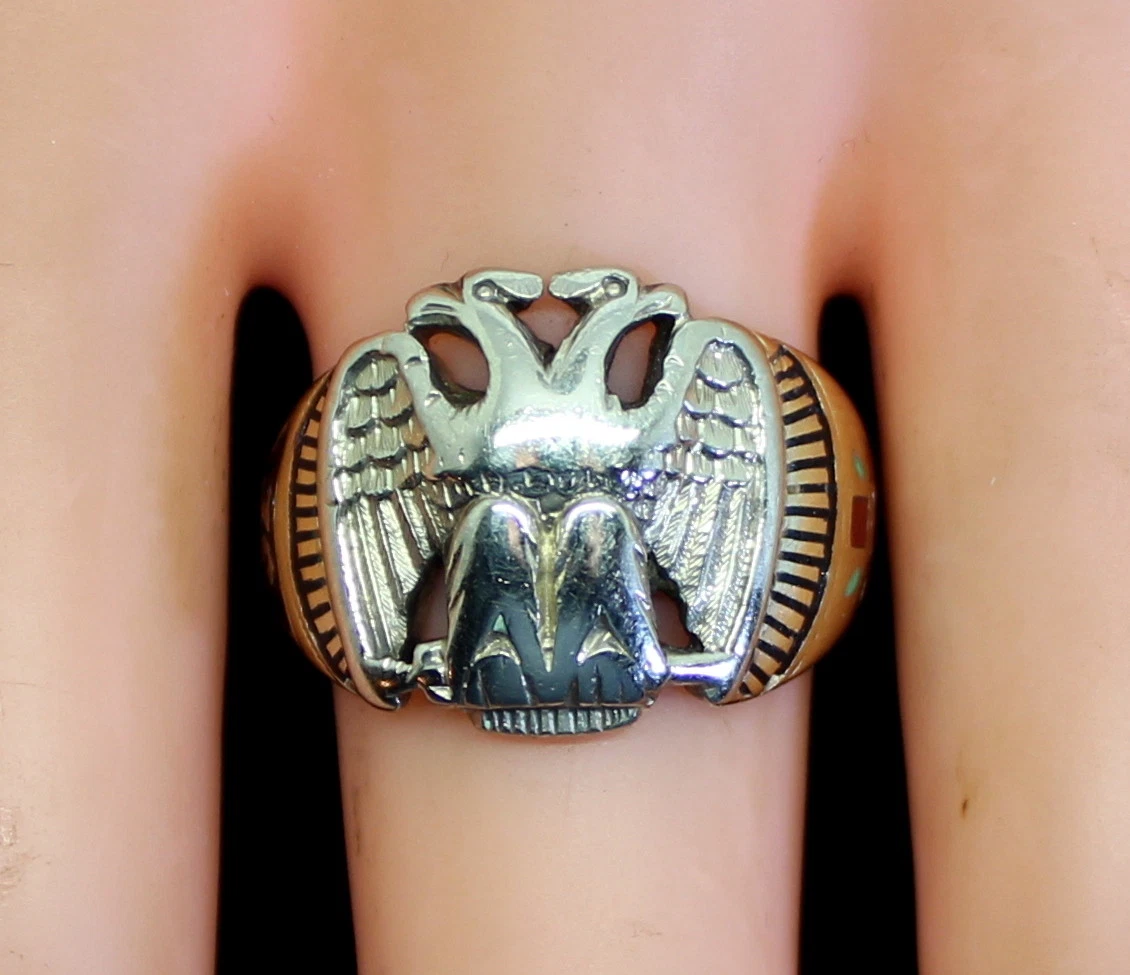 Bikerringshop Sterling Silver Scottish Rite Double-Headed Eagle Masonic Ring (No Gemstone)