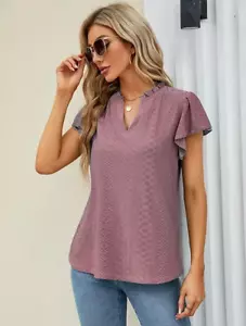Women's V-Neck Puff Sleeve Hollow Out T-Shirt Tops Ladies Summer Boho Blouse Tee - Picture 1 of 18