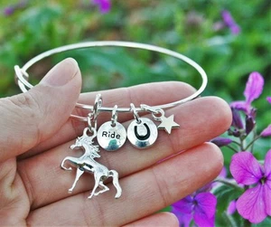 Horse Expandable Wire Bangle Bracelet Pony Horseshoe Sterling Silver Plt Charms - Picture 1 of 5