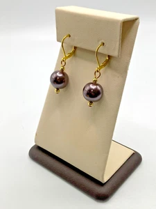Vintage Gold Plated Purple Faux Pearl Bead Earrings - Picture 1 of 3