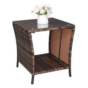 Brown Wicker Rattan Side Tea Table with Glass Patio Outdoor Garden Furniture New - Picture 1 of 12