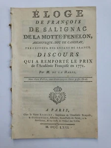 DE LA HARPE 1771 Eloge De François De Salignac De La Motte-Fenelon E.O. - Picture 1 of 3