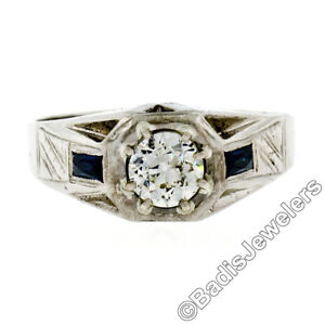 Antique Art Deco Mens 14K White Gold .90ct European Diamond Sapphire Etched Ring
