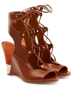 CHLOÉ Eliza Leather & Suede Tan Wedge Lace up Sandals Sz 41 11 US NIB - Picture 1 of 12
