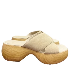 Zara Beige Suede Wooden Base Sandals Size 41 - Picture 1 of 7